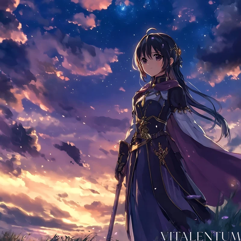 Fantasy Anime Character in Sunset Backdrop AI Image