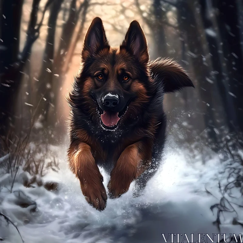 AI ART German Shepherd Enjoying Winter in a Snowy Forest