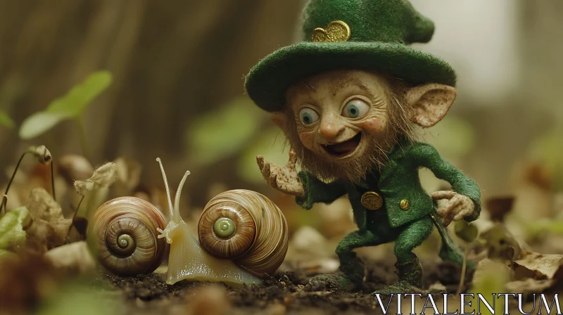 Enchanted Forest: Leprechaun and Snails AI Image