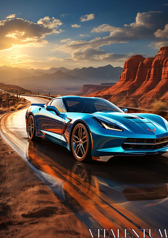 AI ART Luxury Blue Car on Scenic Desert Drive