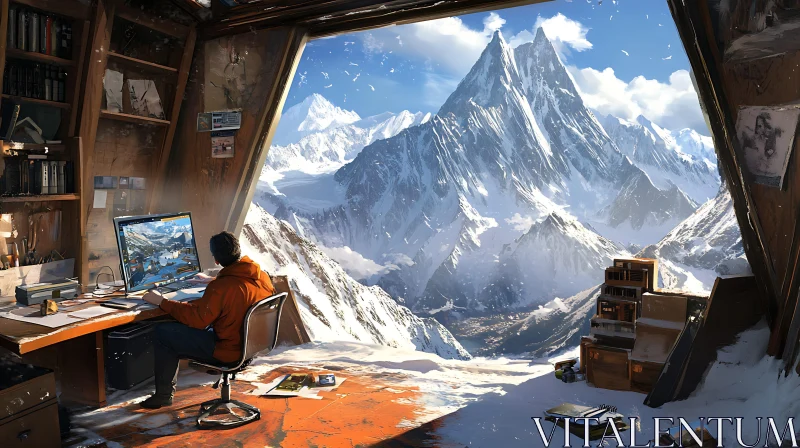 AI ART Cabin Workspace with Snowy Mountain Scenery