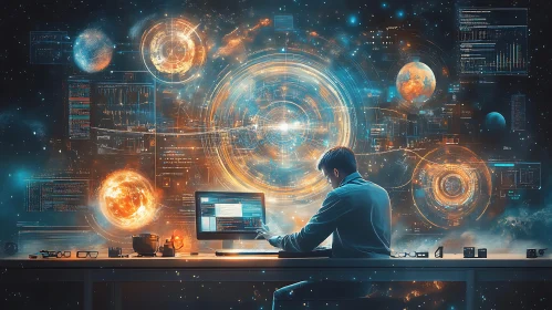 Man coding in space