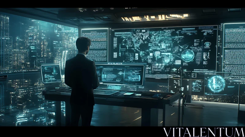 Man Analyzing Data in a Futuristic City AI Image