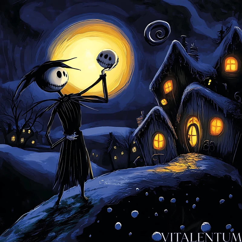 AI ART Moonlit Skull Holding Skeleton Character