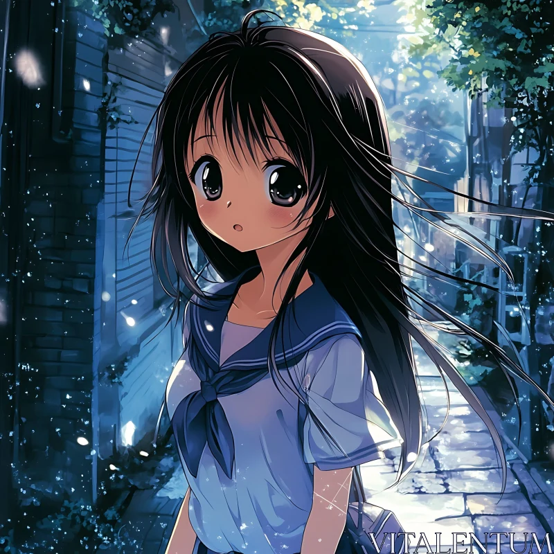 Nighttime Anime Illustration of a Girl in School Uniform AI Image