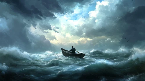 Man Rowing Boat in Stormy Seas