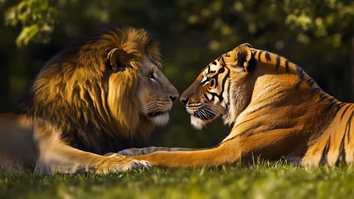 A Lion and Tiger Touching Paws