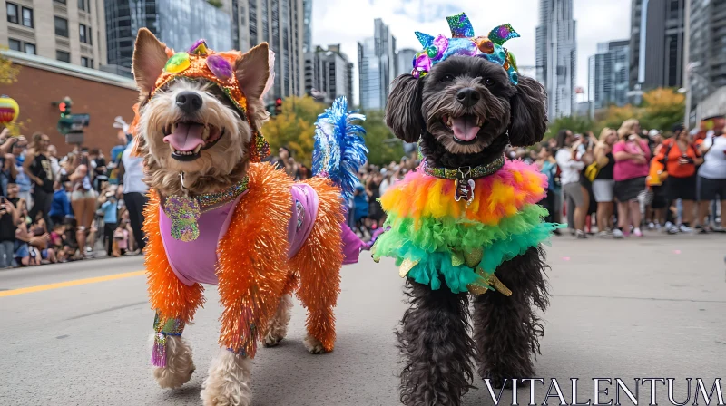 Festively Dressed Dogs in Urban Parade AI Image