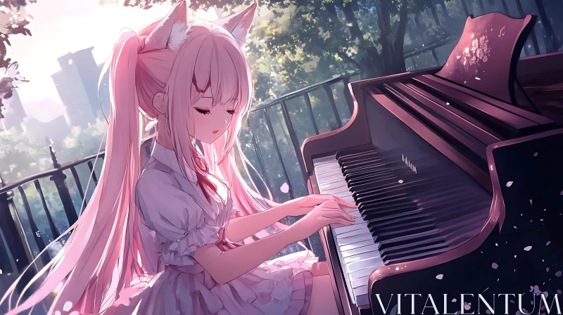 Serene Anime Scene: Girl with Cat Ears Playing Piano AI Image