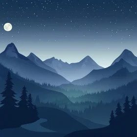 Serene Mountain Night Scene with Moon and Stars