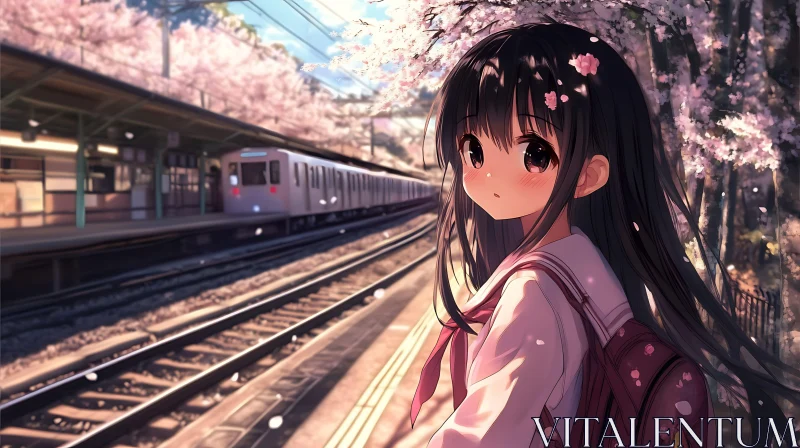 Cherry Blossom Train Station Anime Scene AI Image