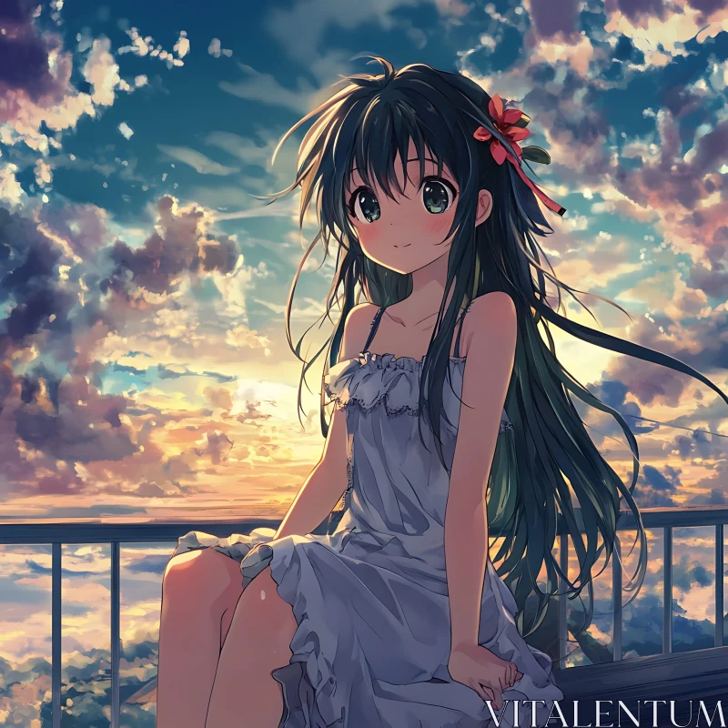 AI ART Anime Girl with Red Ribbon at Sunset