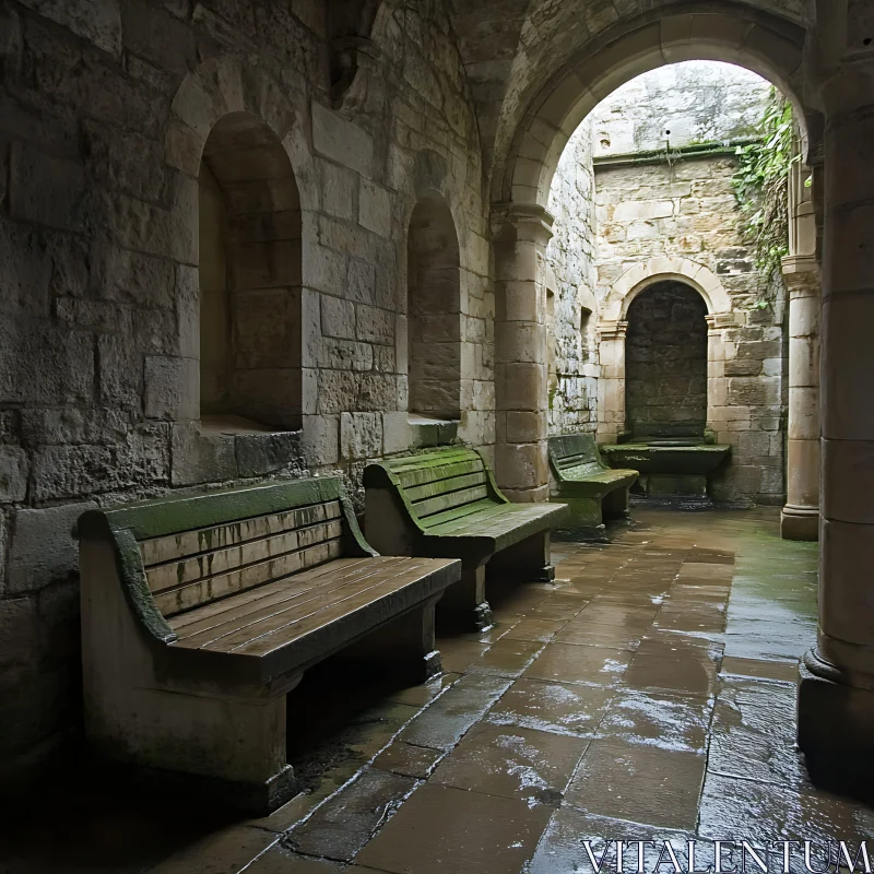 AI ART Gothic Stone Corridor with Benches