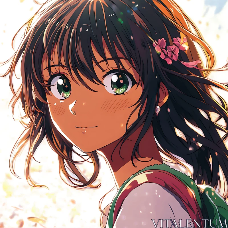 Anime Girl with Green Eyes and Floral Hair Accessory AI Image