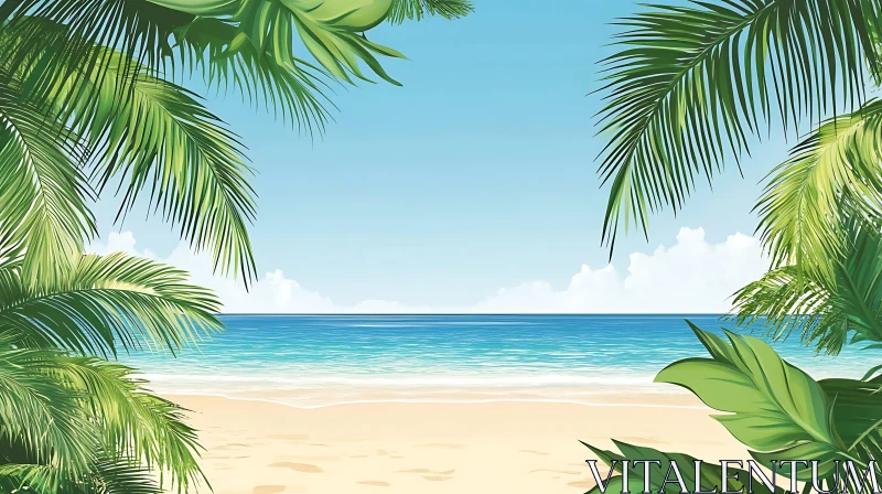 AI ART Seaside Bliss: Palm-Framed Beach View