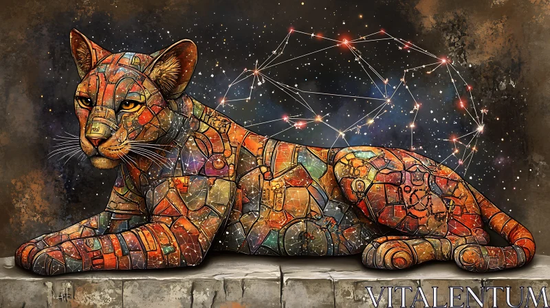 Mosaic Lion under Starry Skies AI Image