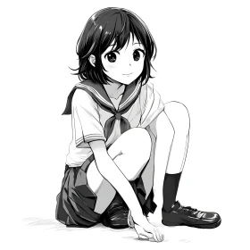 Anime Girl Sitting in School Uniform Illustration