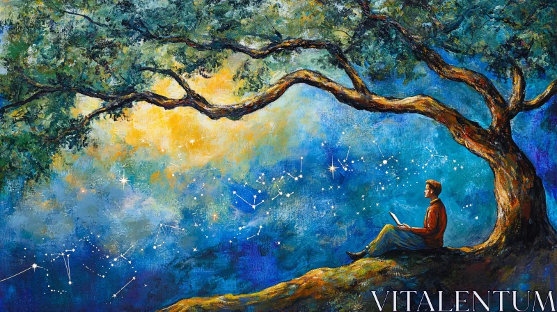 AI ART Man Under Tree Gazing at Stars