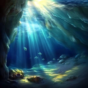 Aquatic Cave with Sun Rays and Fish