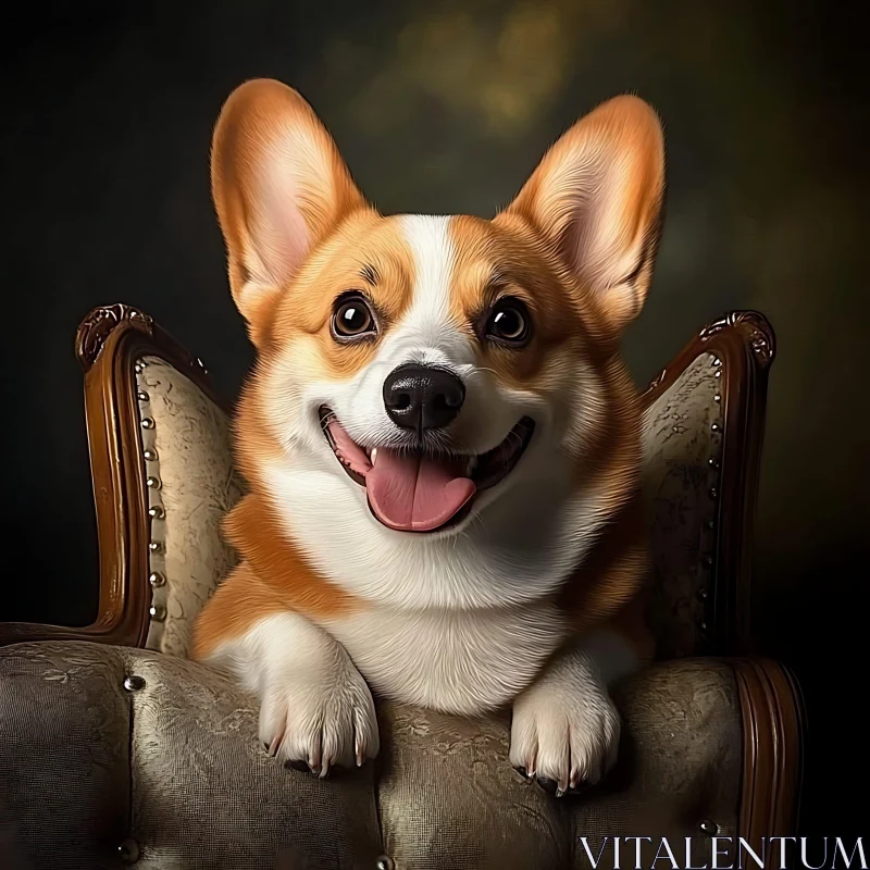 Happy Corgi Sitting Gracefully on Antique Chair AI Image