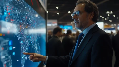 Man Interacting with Digital World Map