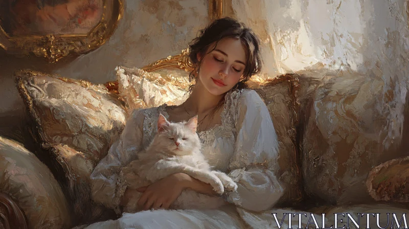 AI ART Tranquil Moment with Woman and Cat in Elegant Interior