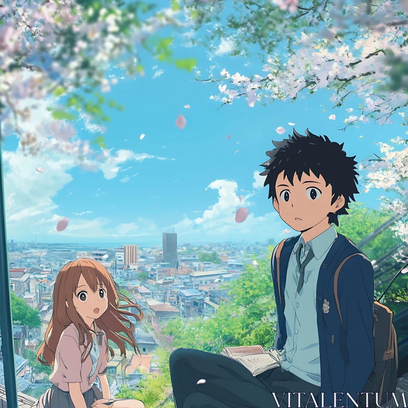 City Overlook with Anime Students and Cherry Blossoms AI Image