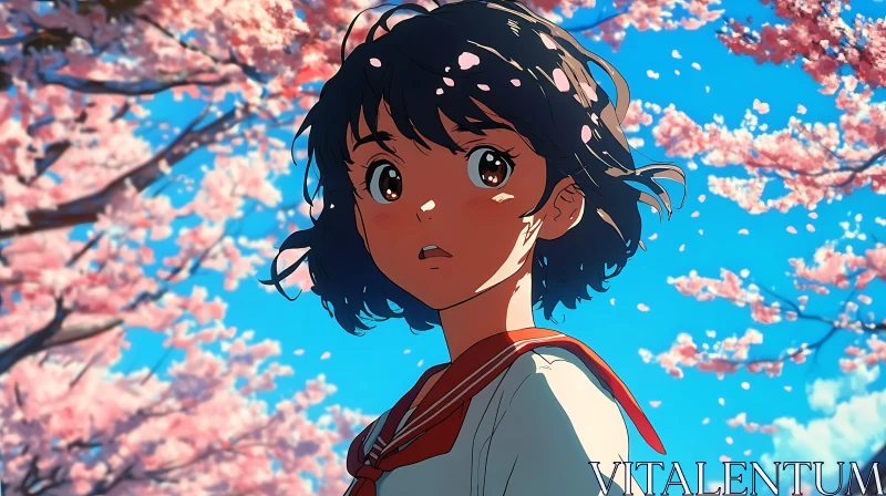 Anime Girl with Cherry Blossoms AI Image