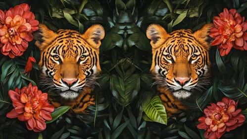 Symmetrical Tiger Faces with Floral Adornments