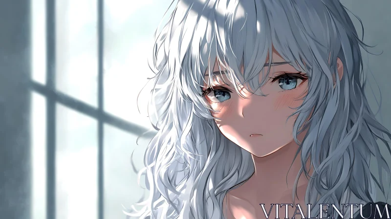 Melancholic Anime Girl with Silver Hair AI Image