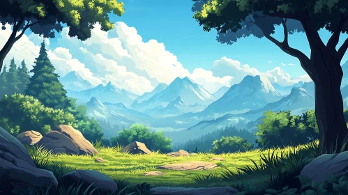 Scenic Mountain View with Trees and Sky