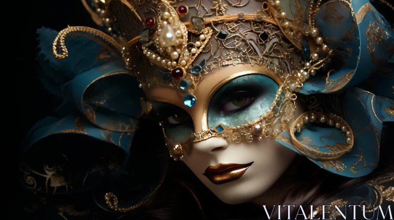 Enigmatic Woman in Gold and Blue Venetian Mask AI Image