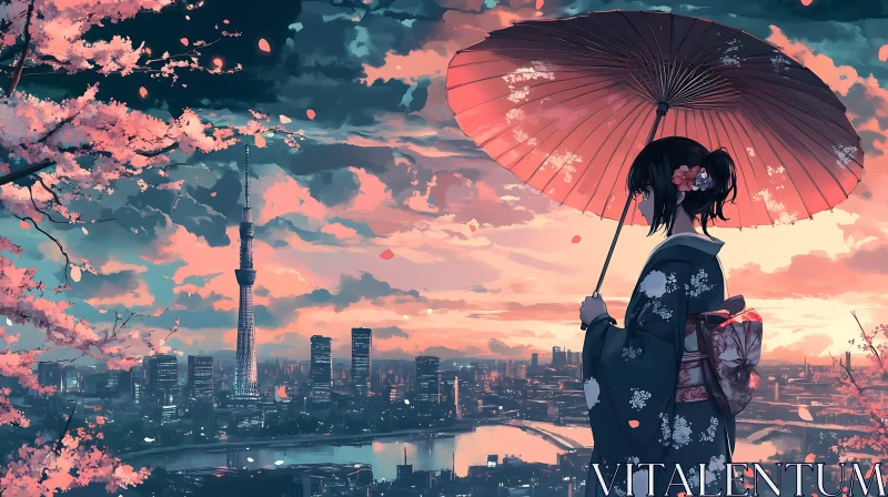 Traditional Meets Modern: Anime Woman at Sunset AI Image