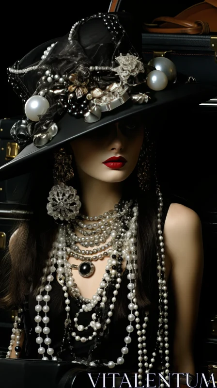Glamorous Woman with Pearl Hat and Jewelry | Old-World Charm AI Image