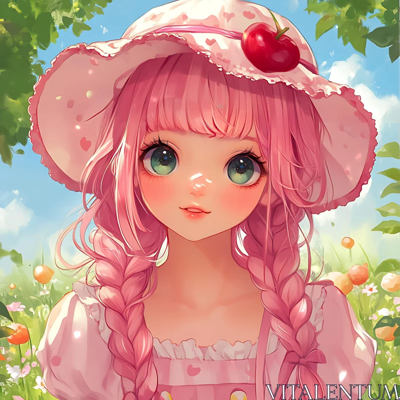 Anime Girl with Braids and Strawberry Hat AI Image