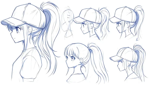 Detailed Sketch of Anime Girl in Baseball Cap from Various Angles