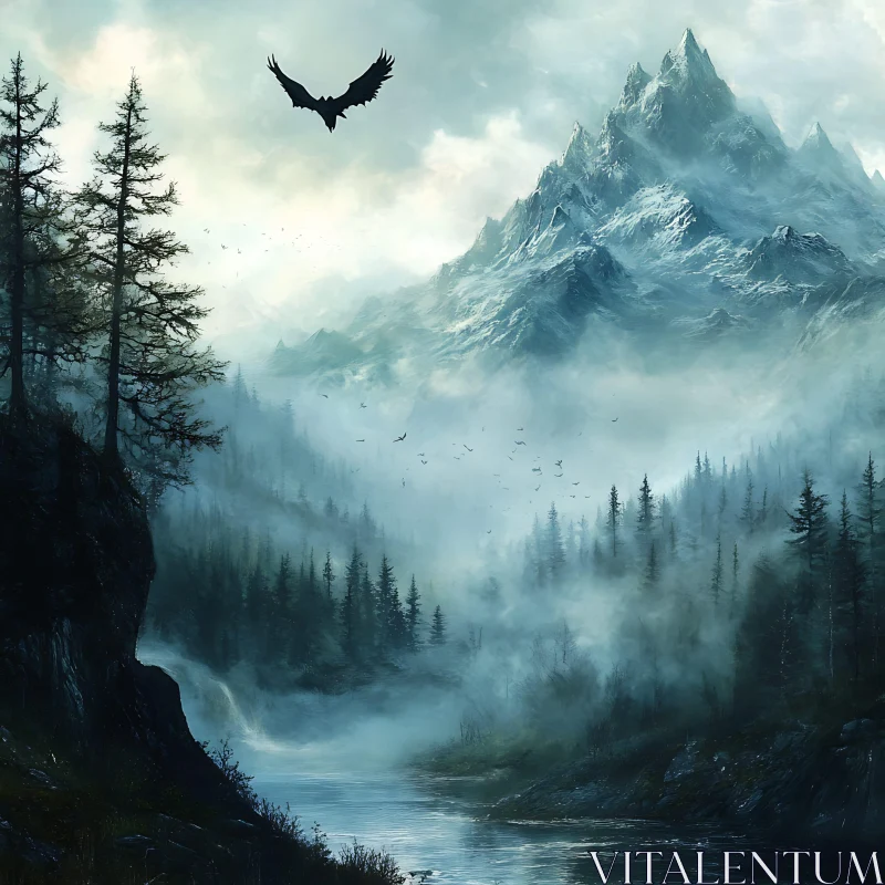 Misty Peaks and Soaring Eagle AI Image