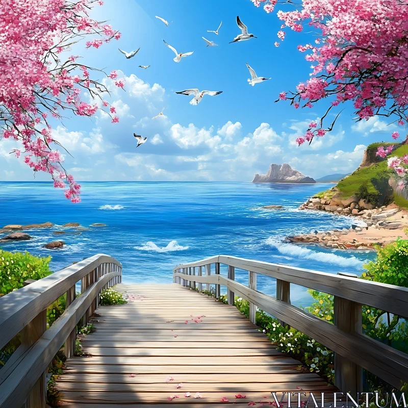 Tranquil Seascape with Blossoms and Wooden Bridge AI Image