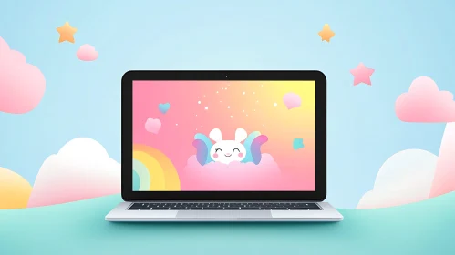 Whimsical Laptop Screen with Rabbit and Clouds