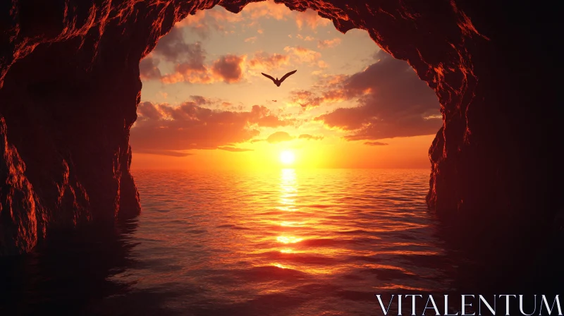 Vivid Sunset Through Seaside Cave AI Image