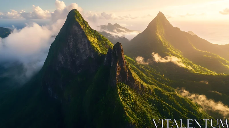 Verdant Mountains and Misty Peaks AI Image