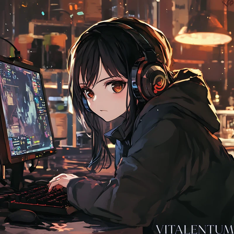 Focused Anime Gamer Playing on PC AI Image