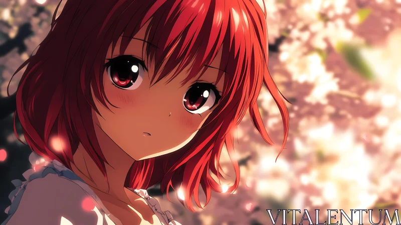 Anime Portrait Red Hair Blossoms AI Image