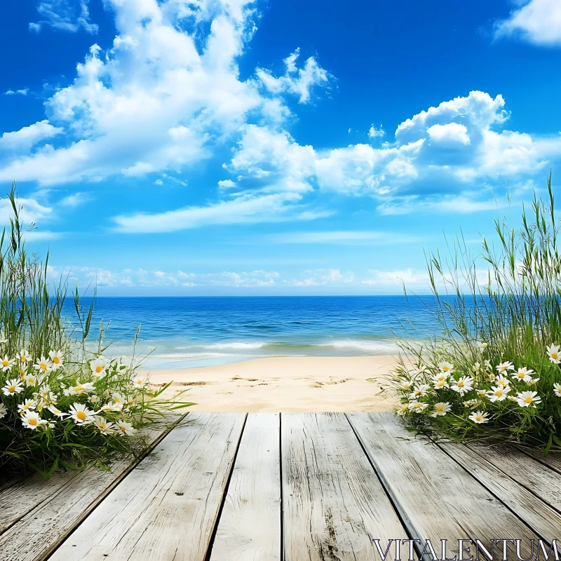 AI ART Tranquil Beach Scene with Wooden Pier