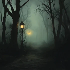 Mysterious Forest Path at Night with Lamps