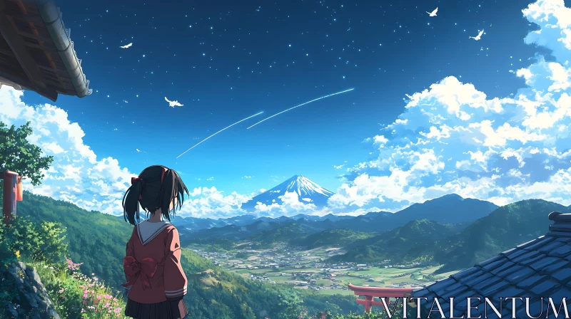 Anime Landscape with Girl and Majestic Mountain AI Image