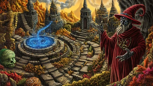 Mystical Wizard and Glowing Fountain Scene
