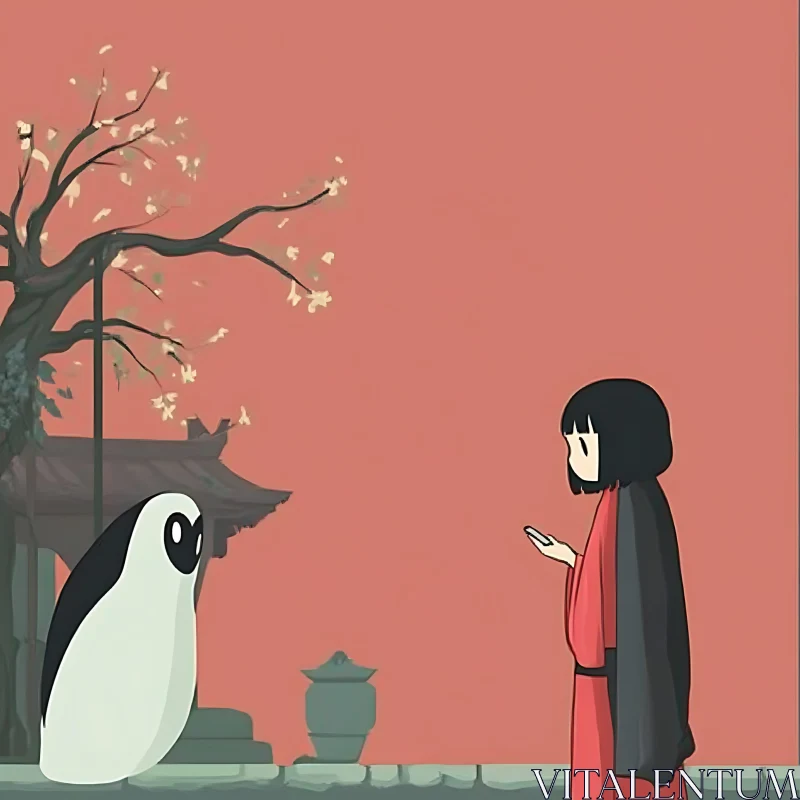 Serene Anime Scene with Girl and Penguin AI Image