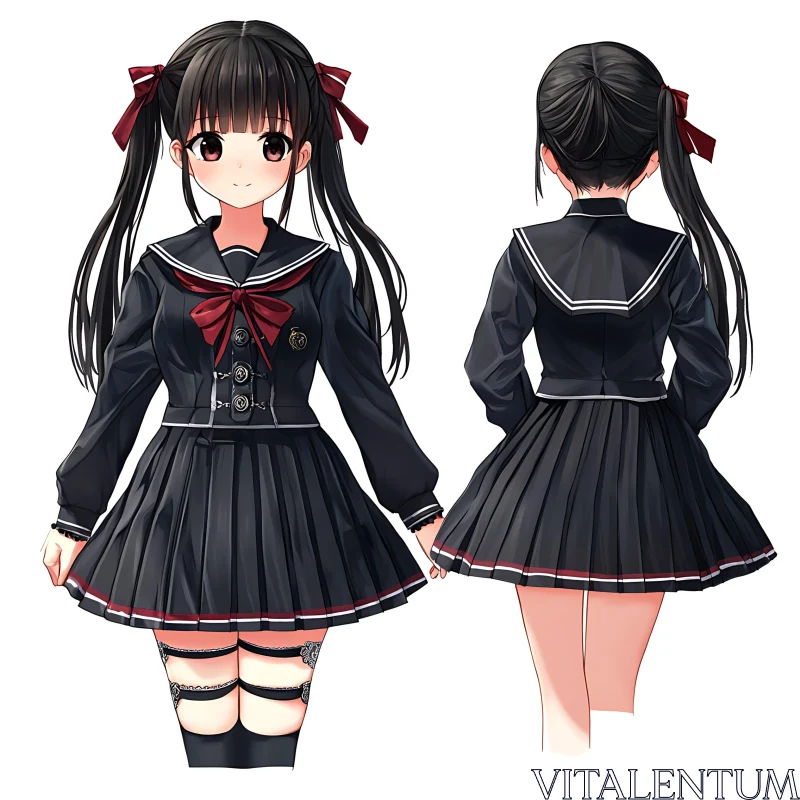 Anime Character in Sailor Uniform, Detailed Front and Back Illustration AI Image