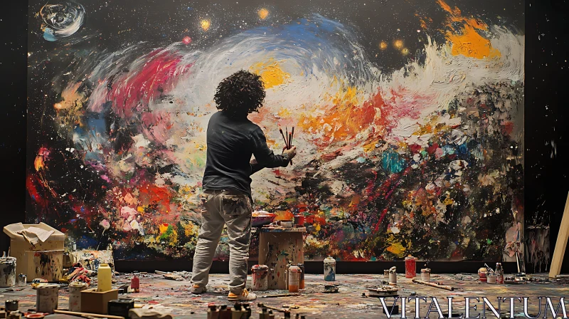 AI ART Artist Painting Abstract Nebula on Canvas